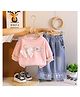 POP STREET KIDS Cotton Knit Full Sleeves Stone Embellished  Bow Applique Detailed Sweet Text Designed Light Winter Sweatshirt & Jeans Set - Pink