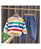 POP STREET KIDS Cotton Knit Full Sleeves Striped Light Winter Sweatshirt and Jeans Set - Multi Colour