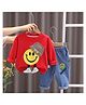 POP STREET KIDS Cotton Knit Full Sleeves Smiley Printed Light Winter Sweatshirt and Jeans Set - Red