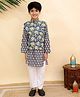 The Mom Store Cotton Woven Full Sleeves Floral Printed Kurta With Jacket & Pyjama Set - Blue