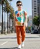 OLLINGTON ST. Cotton Knit Half Sleeves Leaf Printed T-Shirt & Joggers Set - Multicolor & Rust Orange