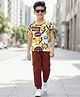 OLLINGTON ST. Cotton Knit Half Sleeves Printed T-Shirt & Joggers Set - Multicolor & Brown