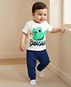 Doodle Poodle 100% Cotton Single Jersey Knit Half Sleeves T-Shirt & Lounge Pant Set with Dino Print - Navy Blue & White