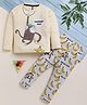 Little Marine Cotton Blend Knit Full Sleeves Monkey & Bananas Printed Night Suit Set - Cream & Light Grey