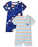 Babyhug 100% Cotton Knit Half Sleeves Striped Rompers With Dino Print Pack of 2 - Navy Blue & White