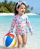 Babyhug Full Raglan Sleeves Animal Printed V Cut Swimsuit with Hairband - Pink