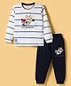 Mini Donuts Sinker Knit Full Sleeves Striped T-Shirt & Lounge Pant Set With Animal Print - Navy Blue