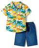 Babyhug Cotton Knit Half Sleeves Beach Theme Printed Shirt & Denim Shorts Set - Navy Blue