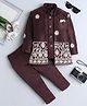 Fourfolds Woven Full Sleeves  Abstract Embroidered Sherwani With Pant & Jacket Set - Wine