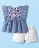 Babyhug Chambray Woven Frill Sleeves Top & Shorts Set with Floral Embroidery - Light Blue & White