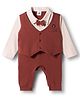Mini Taurus Interlock Knit Full Sleeves Solid Party Romper With Attached Waistcoat & Bow Applique - Rust