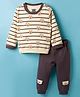 Mini Taurus Interlock Knit Full Sleeves Striped Night Suit with Bear Print & Applique - Charcoal Grey