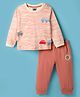 Mini Taurus Sinker Knit Full Sleeves Striped Night Suit with Vehicle Print - Coral