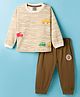 Mini Taurus Sinker Knit Full Sleeves Striped Night Suit with Vehicle Print - Olive Green