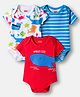 Babyhug 100% Cotton Knit Half Sleeves Striped & Sea Animals Printed Onesies Pack of 3 - Red Blue & White