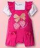 Babyoye 100% Cotton Knit With Eco Jiva Finish Bow Printed Dungaree & Half Puffed Sleeves Tee - Dark Pink & White