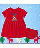 The Peppy Tend 100% Cotton Knit New Year Theme Half Sleeves Cant Keep Calm Its My First New Year Text Printed Dress With Bloomer - Red