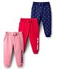 Babyhug Cotton Single Jersey Knit Full Length Lounge Pant With Text Print Pack Of 3 - Red Navy Blue & Pink