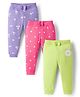 Babyhug Cotton Knit Full Length Lounge Pants with Floral & Heart Print Bow Applique Pack of 3 - Lime Green Pink & Lilac