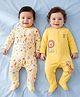 Babyoye 100% Cotton Knit Full Sleeves Front Open Lion & Star Printed Footed Sleep Suit Pack Of 2 - Yellow & Cream