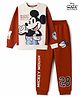 HoneyHap Disney Terry Knit Drop Shoulder Full Sleeves Oversized T-Shirt & Jogger Set With Mickey Mouse Graphics - Brown & White