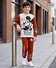 HoneyHap Disney Terry Knit Drop Shoulder Full Sleeves Oversized T-Shirt & Jogger Set With Mickey Mouse Graphics - Brown & White