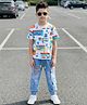 OLLINGTON ST. Cotton Knit Half Sleeves Printed T-Shirt & Denim Joggers Set - Multicolor & Blue