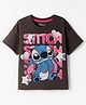 Bonfino Disney Terry Knit Drop Shoulder Half Sleeves Oversized T-Shirt with Stitch Graphic - Charcoal Grey