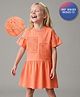 Primo Gino 100% Cotton Knit Drop Shoulder Ruffle Sleeves Drop Waist Dress With Floral Schiffli & - Peach