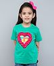 PinkChick Cotton Woven Half Sleeves Frilled & Abstract Printed Heart Applique Detailed Tee With Hair Clip -Green
