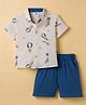 Mini Taurus Cotton Knit Half Sleeves Shirt & Shorts Set With Animal & Parachute Print - Blue