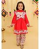 Junitos Cotton Woven Three Fourth Sleeves Floral Printed Gota Lace Embellished Kurti Salwar With Dupatta Set - Red