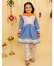 Junitos Cotton Woven Three Fourth Sleeves Floral Printed Gota Lace Embellished Kurti Salwar With Dupatta Set - Royal Blue