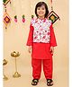Junitos Cotton Woven Full Sleeves Solid Kurta Pyjama With Floral Printed Nehru Jacket Set  - Red