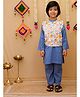 Junitos Cotton Woven Full Sleeves Solid Kurta Pyjama With Floral Printed Nehru Jacket Set - Royal Blue