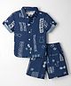 JASH KIDS Cotton Woven Half Sleeves Shirt & Shorts Co-ord Set With Floral & Leaf Print - Navy Blue