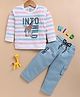 TOONYPORT Cotton Blend Knit Full Sleeves Into The Wild Text Printed Striped Tee With Trouser Set - Green