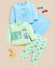 TOONYPORT Cotton Blend Knit Pack Of 2 Full Sleeves Dinosaur & Elephant Printed Tees With Trousers Set - Blue & Green