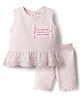Bonfino 100% Cotton Rib Knit Sleeveless T-Shirt & Shorts Set with Schiffili & Sequin Detailing - Pink