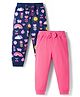 Babyhug Cotton Jersey Knit Full Length Lounge Pant With Floral Print Pack Of 2 - Navy Blue & Pink