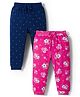 Babyhug Cotton Jersey Knit Full Length Floral & Polka Dot Printed Lounge Pants With Bow Applique Pack of 2 - Dark Pink & Navy Blue