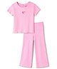Bonfino 100% Cotton Rib Knit Half Sleeves Solid Color T-Shirt & Pant Set with Embroidery - Pink