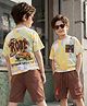 OLLINGTON ST. Cotton Knit Half Sleeves Printed T-Shirt & Knit Shorts Set - Multicolor & Brown