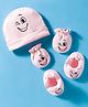 Bubble Pop Interlock Knit Cap Mitten & Booties With Face Print Pink - Diameter 9 cm