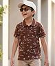 Pine Kids 100% Cotton Knit Half Sleeves Mountains Printed Polo T-Shirt - Brown