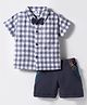 Child World Textile Woven Half Sleeves Checks Shirt & Shorts Set With Bow & Suspender - Blue