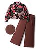 OLLINGTON ST. Woven Rayon Full Sleeves Floral Printed Top & Textured Crepe Culotte Set - Multicolor & Brown