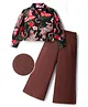OLLINGTON ST. Woven Rayon Full Sleeves Floral Printed Top & Textured Crepe Culotte Set - Multicolor & Brown