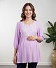 Bella Mama Woven Three Fourth Sleeves Maternity Top With Floral Embroidery - Lilac