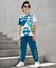 OLLINGTON ST. Cotton Knit Half Sleeves Printed T-Shirt &  Joggers Set - White & Teal Blue